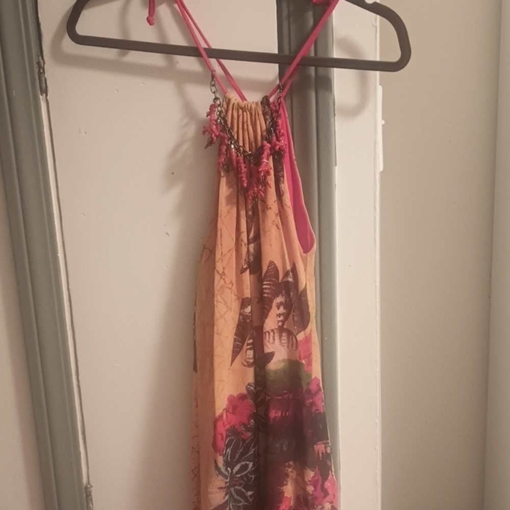 Save the Queen Pink and Orange Sleeveless Halter Sundress for Resort Wear
